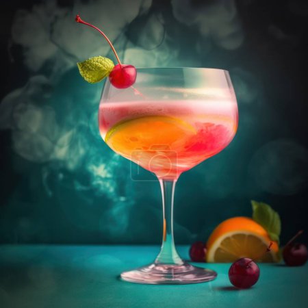 Photo for Close-up of refreshing long drink, alcoholic cocktails served cold with fruits and colourful background - Royalty Free Image