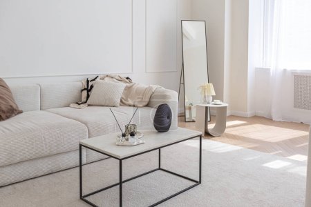 super blanco simple interior limpio y elegante con muebles modernos en color desnudo y elementos negros contrastantes. diseño de lujo de una gran sala de estar luminosa