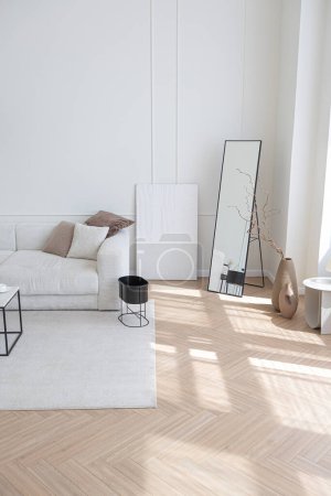 super white simple clean and stylish interior with modern furniture in nude color and contrasting black elements. luxury design of a large bright room living room
