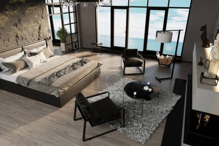 appartements élégants de luxe avec fenêtres panoramiques et vue magnifique sur la mer. mur décoratif en pierre et mobilier moderne. style de conception loft brutal.