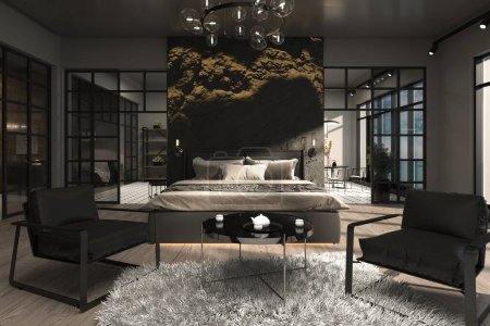 Luxus-Appartements mit Panoramafenstern und herrlichem Meerblick. dekorative Steinmauer und moderne Möbel. Brutaler Loft-Design-Stil.
