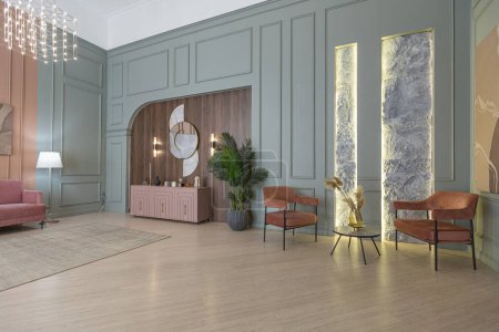 Photo for Chic modern trendy apartment interior design. trendy green and powdery pink walls. stylish lighting and huge panoramic windows - Royalty Free Image