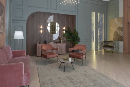 chic modern trendy apartment interior design. trendy green and powdery pink walls. stylish lighting and huge panoramic windows