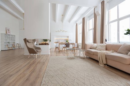 design intérieur spacieux studio lumineux de style scandinave et couleurs blanc pastel et beige chaleureux. mobilier tendance dans le salon et des détails modernes dans le coin cuisine.