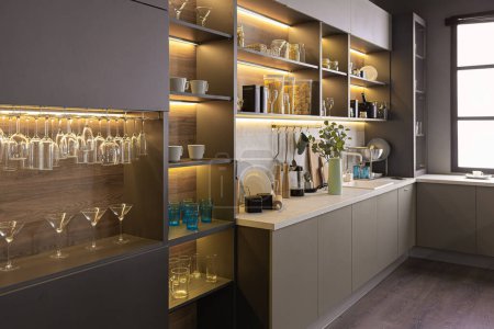 elegante interior de cocina de lujo en un apartamento espacioso ultramoderno en colores oscuros con iluminación led súper fresca y una isla para cocinar