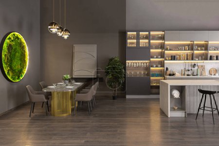 stilvolle luxuriöse Kücheneinrichtung in einer ultramodernen, geräumigen Wohnung in dunklen Farben mit supercooler LED-Beleuchtung und einer Insel zum Kochen und einem Esstisch