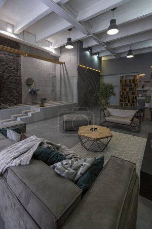 Foto de Brutal diseño interior ultra moderno de un apartamento de planta abierta con una ducha abierta decorada con piedra gris - Imagen libre de derechos