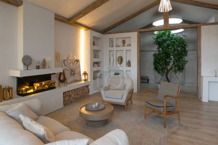 cozy warm home interior of a chic country house with an open plan, wood finishes, warm colors and a family hearth