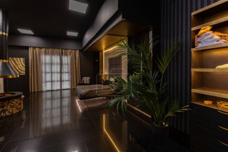 Téléchargez les photos : Sombre moderne élégant appartement masculin intérieur avec éclairage, murs décoratifs, cheminée, dressing et grande fenêtre - en image libre de droit