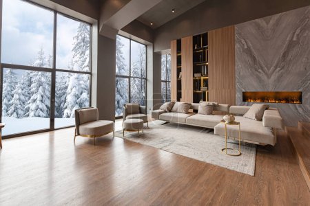 Photo for Chic modern design of a dark expensive interior of a luxurious country house with huge panoramic windows and a magnificent view of the divine forest - Royalty Free Image