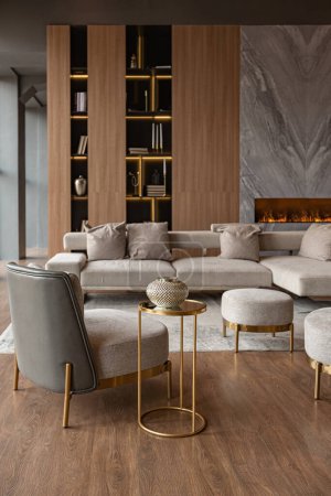 living room, marble wall fireplace and stylish bookcase in chic expensive interior of luxury country house with a modern design with wood and led light, gray furniture with gold elements