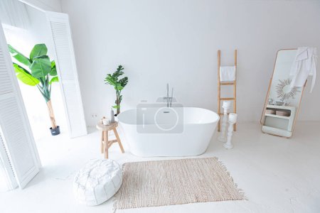Téléchargez les photos : Extra blanc et très léger minimaliste élégant intérieur élégant de salle de bain avec baignoire moderne, plantes vertes et éléments en bois - en image libre de droit