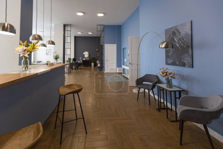 Téléchargez les photos : Design intérieur moderne minimaliste immense appartement lumineux avec un plan ouvert dans le style scandinave en blanc, bleu et bleu foncé avec des colonnes au centre. comprend coin cuisine, bureau et salon - en image libre de droit
