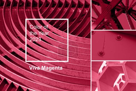 Téléchargez les photos : Nouvelle couleur tendance de l'année 2023 - Viva Magenta. Modèle de palette de couleurs de mode. Collage abstrait géométrique de couleurs swatch. Viva Magenta - en image libre de droit