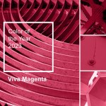 New trendy color of year 2023 - Viva Magenta. Fashion color palette sample. Abstract geometric swatch colors collage. Viva Magenta