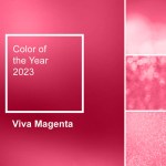 New trendy color of year 2023 - Viva Magenta. Fashion color palette sample. Abstract blurred swatch colors collage. Viva Magenta