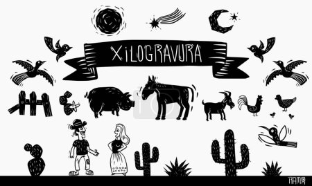 Illustration for Woodcut Style. Farm animals, cactus and typical elements from the Northeast of Brazil. - Royalty Free Image
