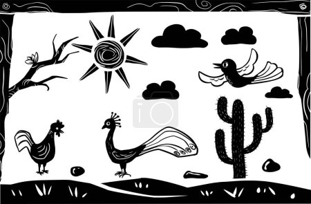 Birds in a desert setting. woodcut-style illustration