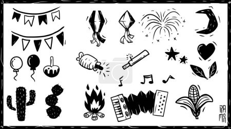 Illustration for Feast of St. John in Woodcut Style. Bonfire Balloon and typical elements and foods from the Northeast of Brazil. - Royalty Free Image