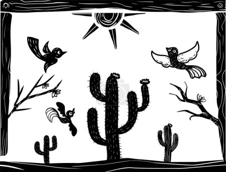 Pájaros volando sobre cactus. ilustración estilo xilografía