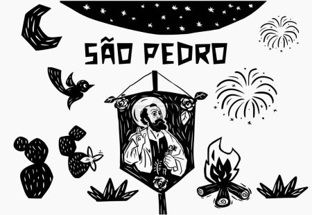 Illustration for Standard of Saint Peter in woodcut and Cordel style. For June and July parties. Bonfire and fireworks. - Royalty Free Image