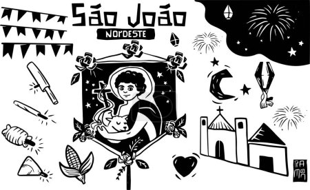 Ilustración de Fiesta de San Juan en estilo Woodcut. Globo de hoguera y alimentos típicos del noreste de Brasil. - Imagen libre de derechos