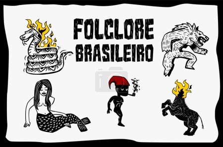 Ilustración de Conjunto de personajes folclóricos brasileños. Ilustración en estilo woodcut. - Imagen libre de derechos