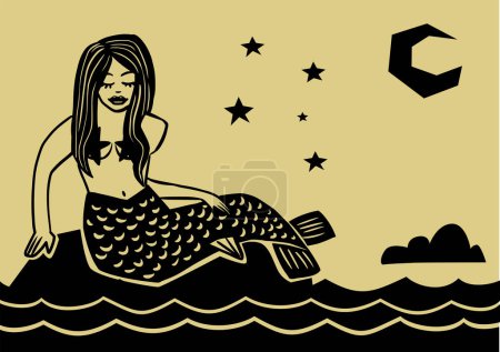 Téléchargez les photos : Sirène sur un rocher dans la mer agitée. Style Woodcut - en image libre de droit