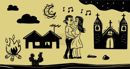 Téléchargez les photos : Couple dansant à la fête de juin. Célébration traditionnelle du nord-est du Brésil. Style de gravure sur bois et littérature cordon - en image libre de droit