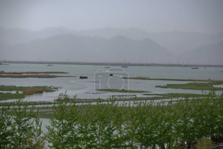 Téléchargez les photos : Le lac Shahu se trouve à côté de la montagne Helan et du fleuve Jaune, à 42 kilomètres de Yinchuan, région autonome de Ningxia Hui. Il a cinq sources paysagères de désert, d'eau, de roseau, d'oiseaux et de montagnes combinées organiquement. Il s'agit d'un transit important - en image libre de droit