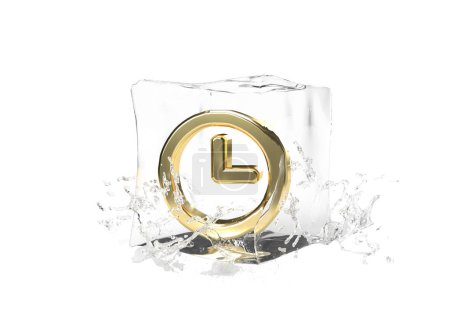 Golduhr in Würfel aus schmelzendem Eis und Tropfenwasser auf isoliertem Hintergrund. Idee für winterliches Spritzbanner für Ihr Unternehmen. 3D-Darstellung