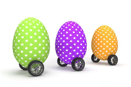 3 farbige Ostereier mit Punkten auf Rädern als Autos. Lustiges Logistik-Banner oder Hintergrund für soziale Medien für die Feiertage. 3D-Darstellung