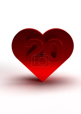 Foto de Número veinte 20 en corazón de metal rojo para el día de San Valentín o compromiso amoroso. Idea para una tarjeta de cumpleaños. 3d rende - Imagen libre de derechos