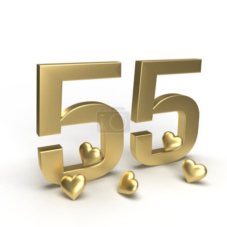 Gold Nummer 55, fünfundfünfzig mit Herzen drumherum. Idee für Valentinstag, Hochzeitstag oder Verkauf. 3D-Darstellung