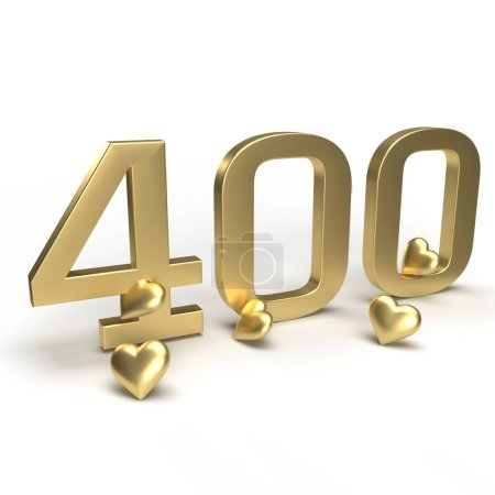 Gold Nummer 400, vierhundert mit Herzen drumherum. Idee für Valentinstag, Hochzeitstag oder Verkauf. 3D-Darstellung