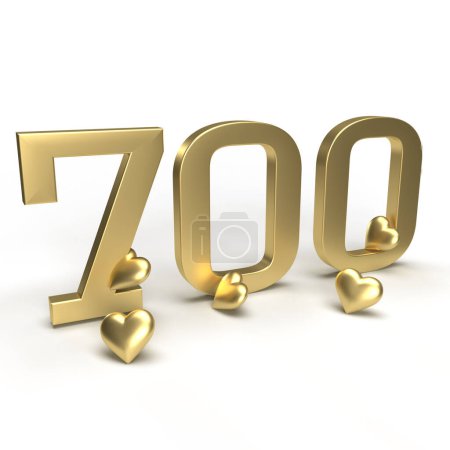 Gold number 700, seven hundred with hearts around it. Idea for Valentine's Day, wedding anniversary or sale. 3d rendering