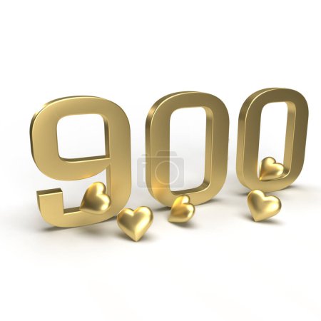 Gold Nummer 900, neunhundert mit Herzen drumherum. Idee für Valentinstag, Hochzeitstag oder Verkauf. 3D-Darstellung