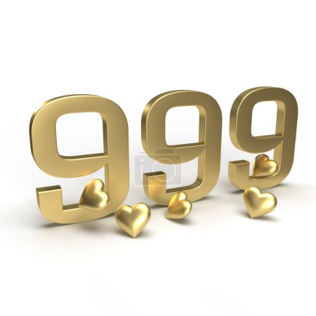 Gold number 999, Nine hundred and ninety-nine with hearts around it. Idea for Valentine's Day, wedding anniversary or sale. 3d rendering