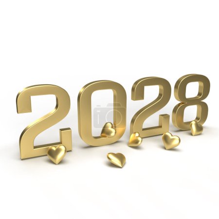 Oro año nuevo 2028 con corazones a su alrededor. Idea para la Víspera de Año Nuevo, aniversario de boda o venta. renderizado 3d