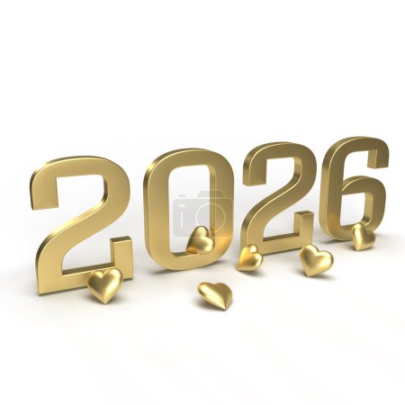 Goldenes neues Jahr 2026 mit Herzen drumherum. Idee für Silvester, Hochzeitstag oder Verkauf. 3D-Darstellung