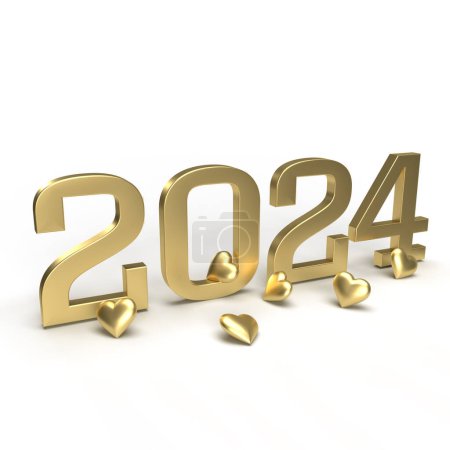 Gold new year 2024 with hearts around it. Idea for VNew Year's Eve, wedding anniversary or sale. 3d rendering