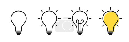 Photo for Creative idea and solution concept, light bulb in outline style. Set of electric lamps with rays. Knowledge, problem solution, creative idea and thinking. Vector - Royalty Free Image