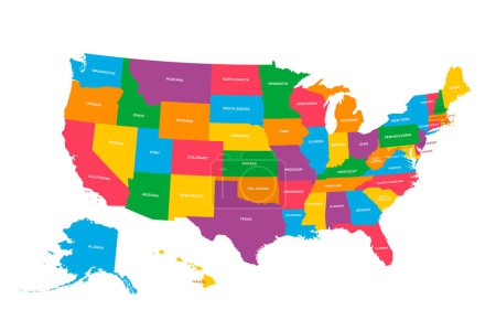 USA map with geographical state borders and state names. United States of America map. Colorful US map design with state names for infographic. Vector