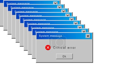 Illustration for Critical error message. Retro operating system window with system message and alert about critical error. Old user interface 90s style. Retro popup dialog box with error message. Vector - Royalty Free Image