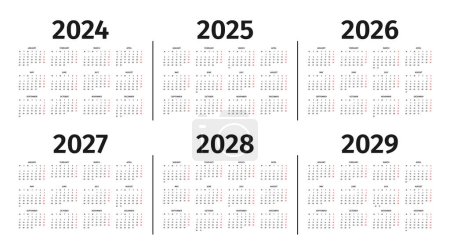 Illustration for Calendar for 2024 to 2029 year. Calendar template, layout in black and white colors. Annual 2024 to 2029 calendar mockup on white background. Week starts on Monday. Vector - Royalty Free Image