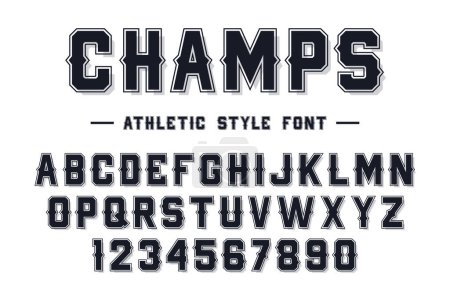American college classic font. Vintage sports font in American style for T-shirt designs for football, baseball, and basketball teams. College, school and varsity style font, tackle twill. Vector