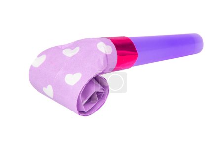 Photo for Violet horn noisemaker rolled for party isolated on the white background - Royalty Free Image