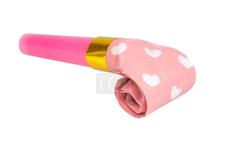 Photo for Pink horn noisemaker rolled for party isolated on the white background - Royalty Free Image