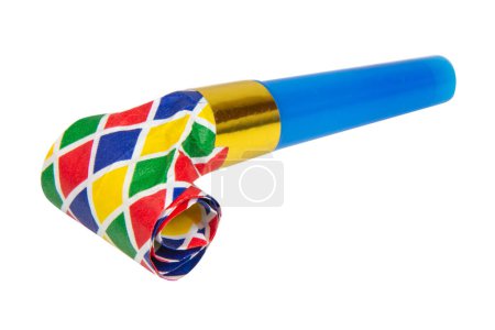 Photo for Party blower horn noisemaker rolled for birthday isolated on the white background - Royalty Free Image