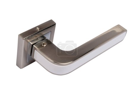 Door handle made of metal on an isolated white background. Reliable design handle for the door of houses, apartments, warehouses, offices and other premises.